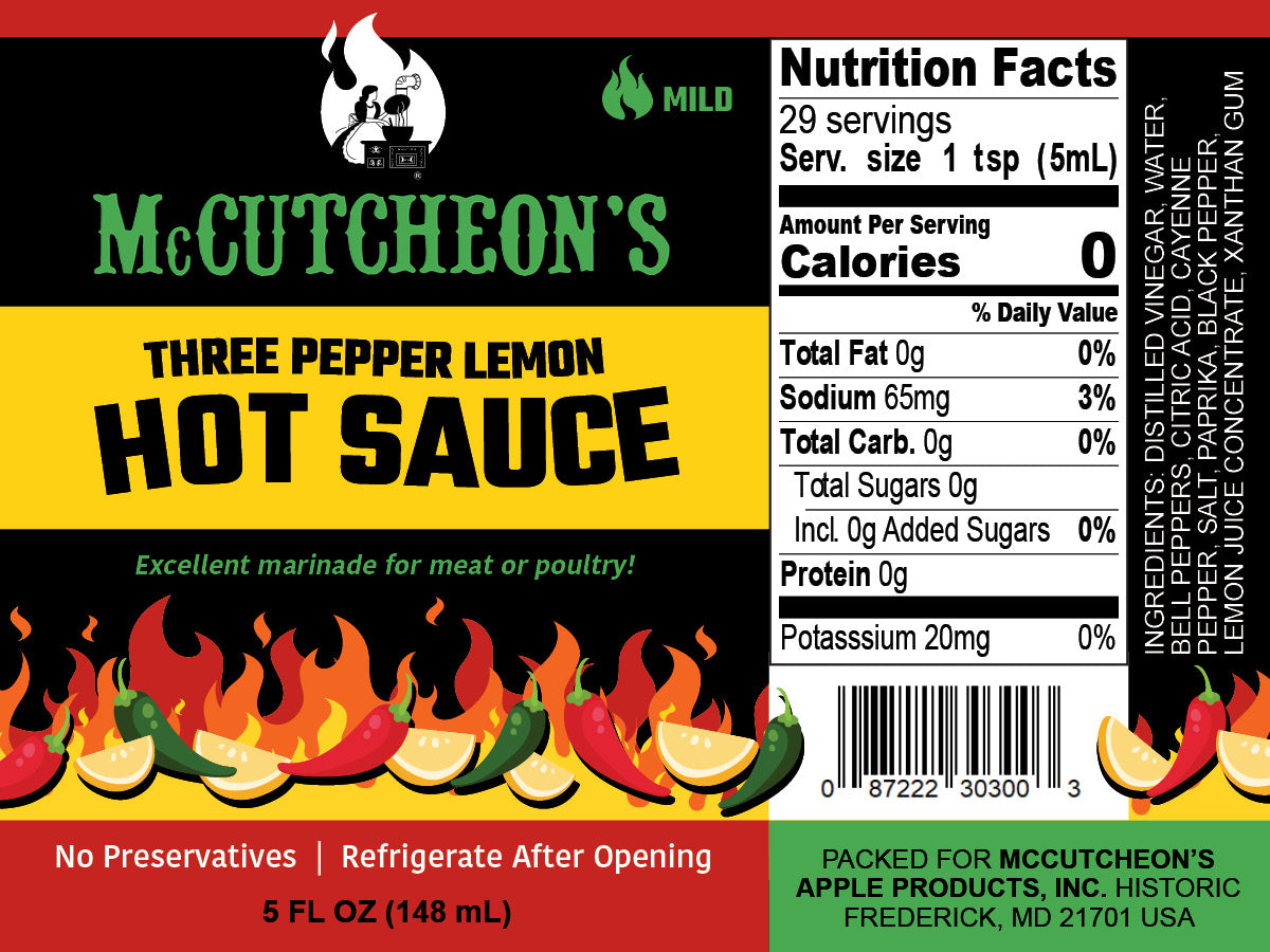 nutrition label for McCutcheon's three pepper lemon hot sauce