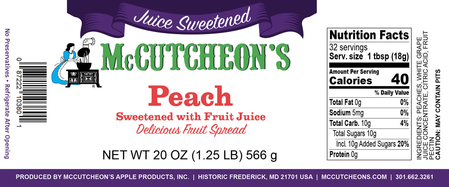 nutrition label for jar of McCutcheon's juice sweetened peach spread