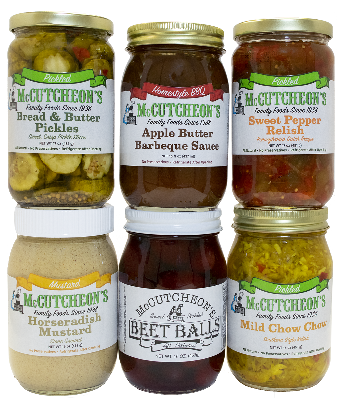 McCutcheon's favorite picnic sampler including jars of Bread & Butter Pickles, Apple Butter Barbeque Sauce, Sweet Pepper Relish, Horseradish Mustard, Beet Balls, and Mild Chow Chow