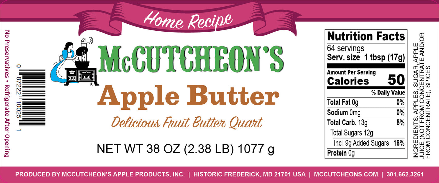 nutritional label for a quart size jar of McCutcheon's Apple Butter