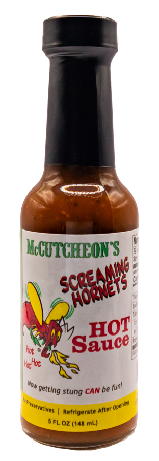 bottle of McCutcheon's screaming hornets hot sauce