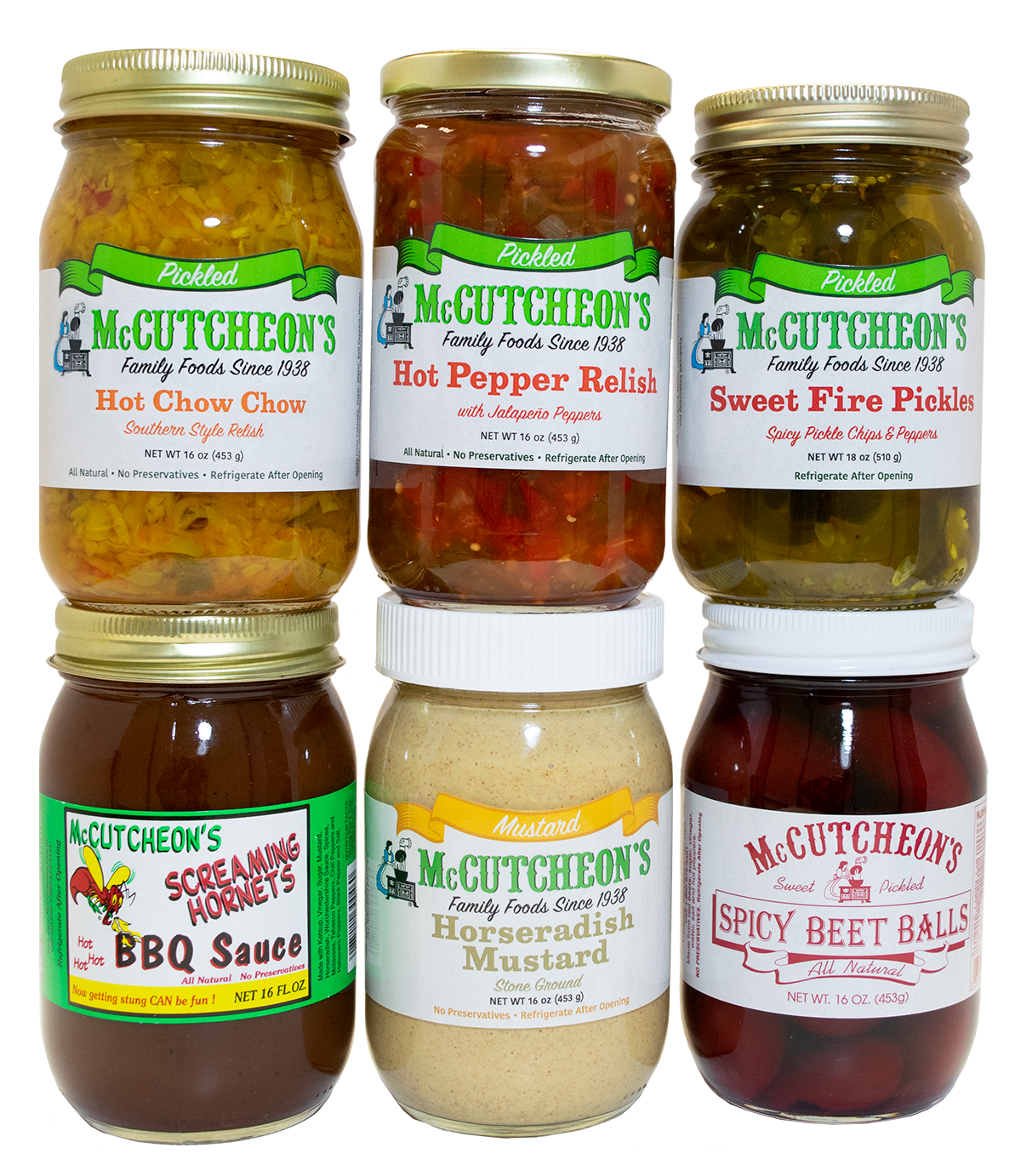 McCutcheon's spicy picnic sampler featuring jars of hot chow chow, hot pepper relish, sweet fire pickles, screaming hornets bbq sauce, horseradish mustard, and spicy beet balls