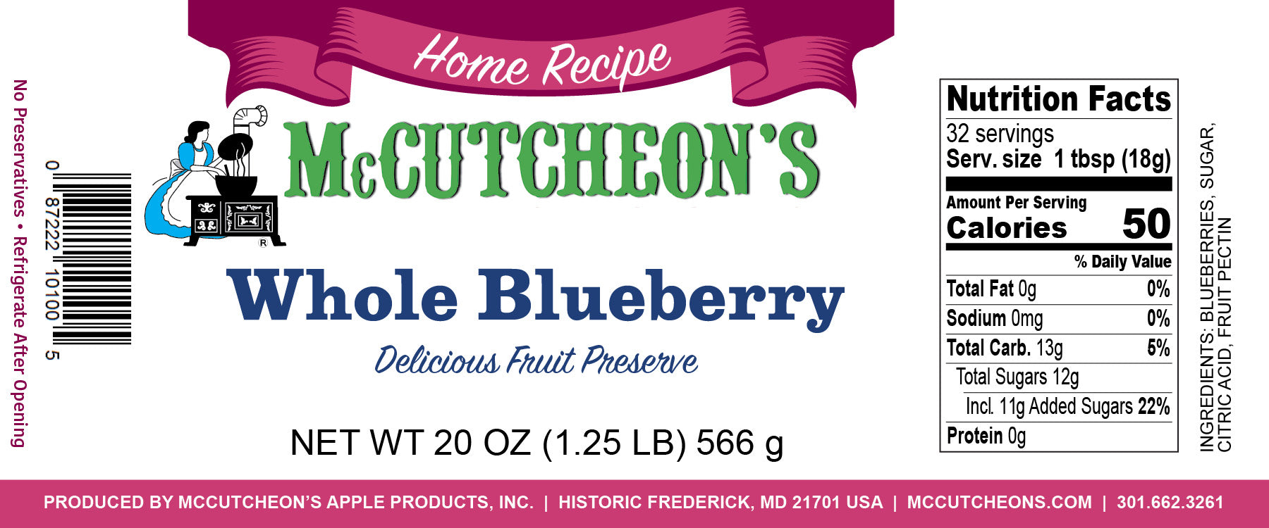 nutritional label for McCutcheon's whole blueberry preserves