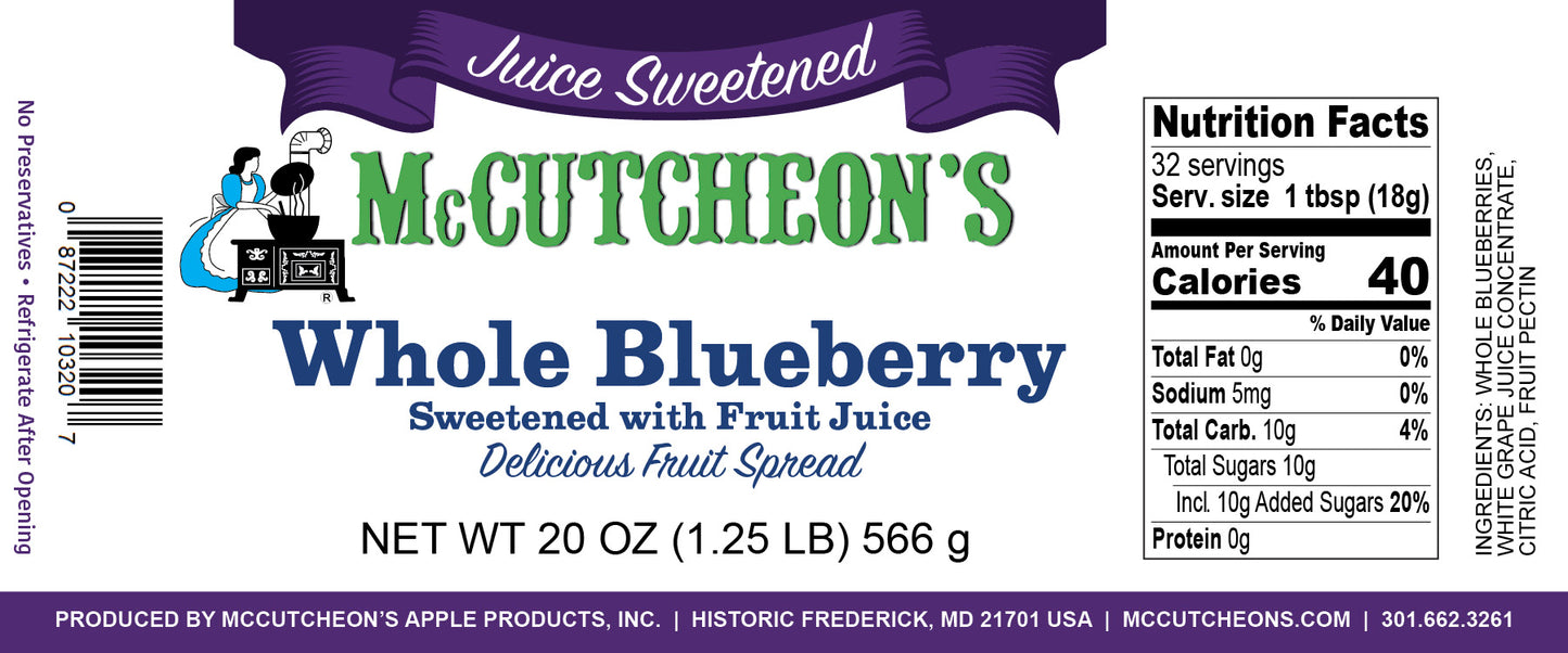 nutrition label for jar of McCutcheon's juice sweetened whole blueberry spread