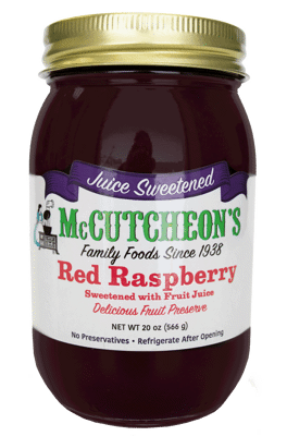 jar of McCutcheon's juice sweetened red raspberry preserves