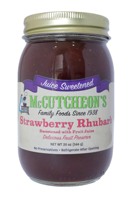 jar of McCutcheon's juice sweetened strawberry rhubarb preserves